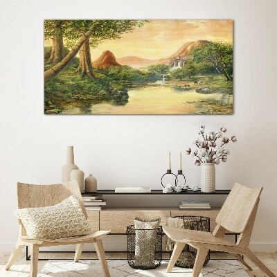 Tableau sur verre Un paysage paisible avec une rivière et des arbres