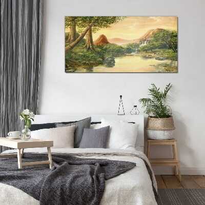 Tableau sur verre Un paysage paisible avec une rivière et des arbres