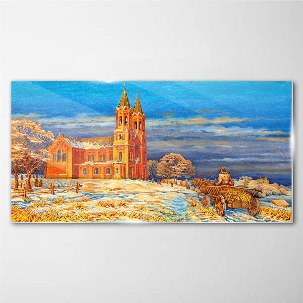 Tableau sur verre Paysage d'hiver avec une église