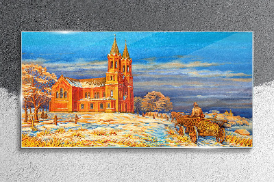 Tableau sur verre Paysage d'hiver avec une église