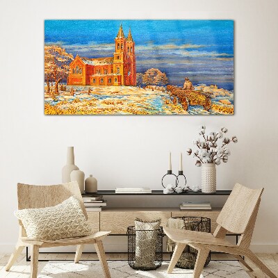 Tableau sur verre Paysage d'hiver avec une église