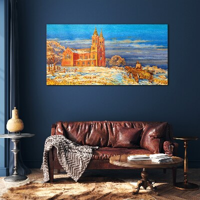 Tableau sur verre Paysage d'hiver avec une église