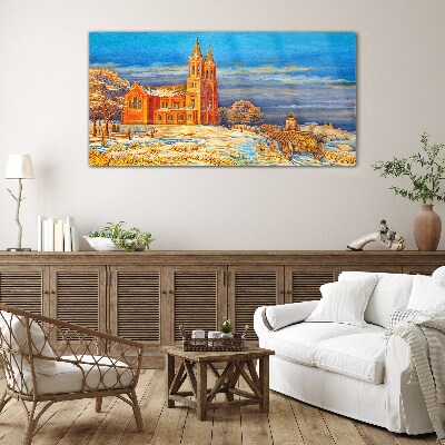 Tableau sur verre Paysage d'hiver avec une église