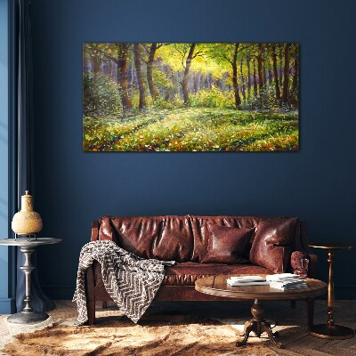 Tableau verre imprimé Lumière dorée dans le bosquet de la forêt