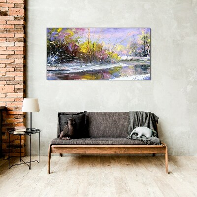 Tableau sur verre Paysage d'hiver avec une rivière