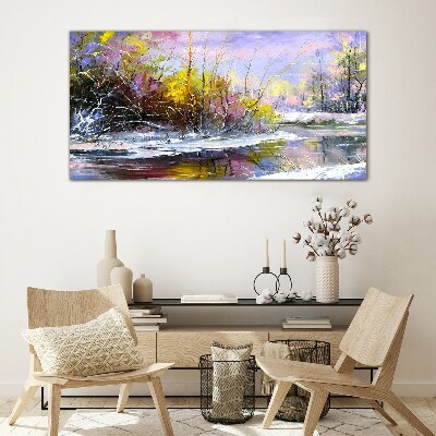 Tableau sur verre Paysage d'hiver avec une rivière