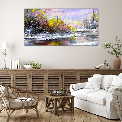 Tableau sur verre Paysage d'hiver avec une rivière