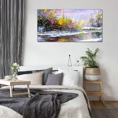 Tableau sur verre Paysage d'hiver avec une rivière