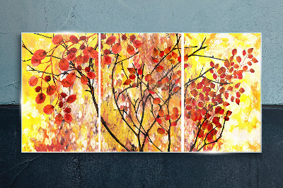 Tableau imprimé sur verre Feuilles d'automne sur fond jaune
