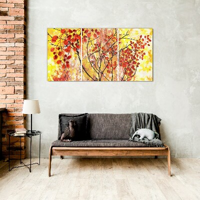 Tableau imprimé sur verre Feuilles d'automne sur fond jaune