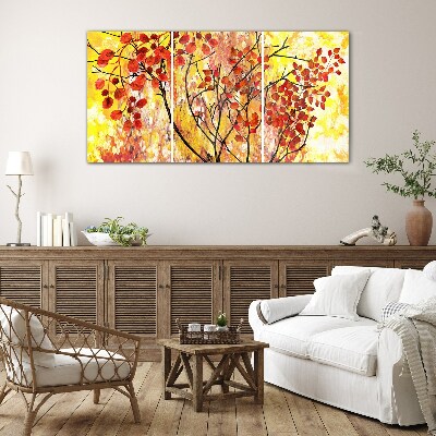 Tableau imprimé sur verre Feuilles d'automne sur fond jaune