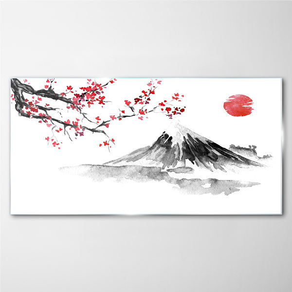 Tableau en verre Fleurs de cerisier et paysage de montagne