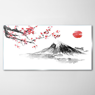 Tableau en verre Fleurs de cerisier et paysage de montagne