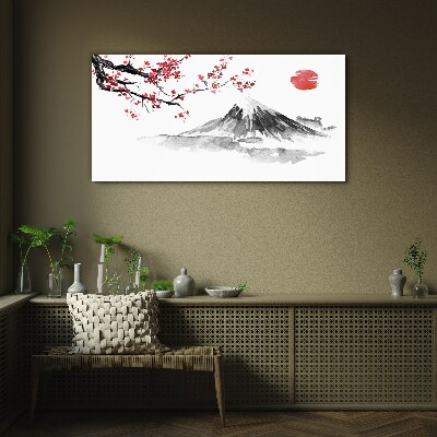 Tableau en verre Fleurs de cerisier et paysage de montagne