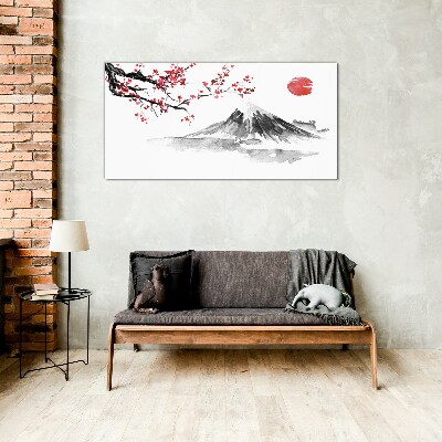 Tableau en verre Fleurs de cerisier et paysage de montagne