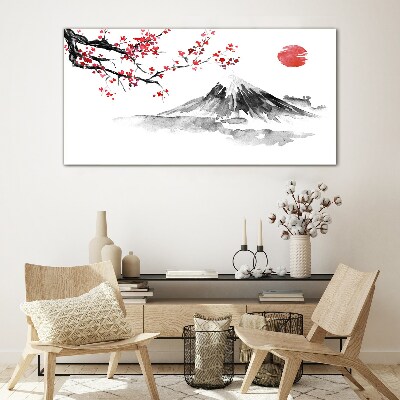 Tableau en verre Fleurs de cerisier et paysage de montagne