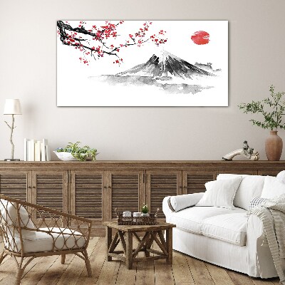 Tableau en verre Fleurs de cerisier et paysage de montagne