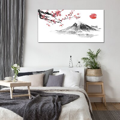 Tableau en verre Fleurs de cerisier et paysage de montagne