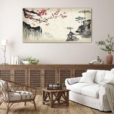 Tableau imprimé sur verre Paysage avec des branches fleuries