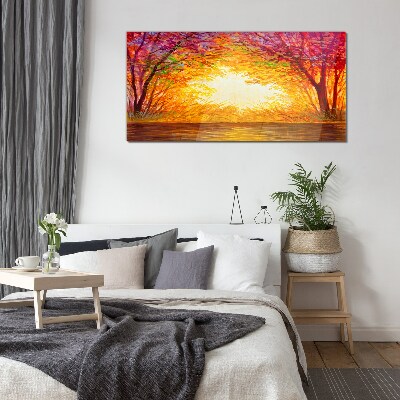 Tableau photo sur verre Coucher de soleil dans une forêt colorée