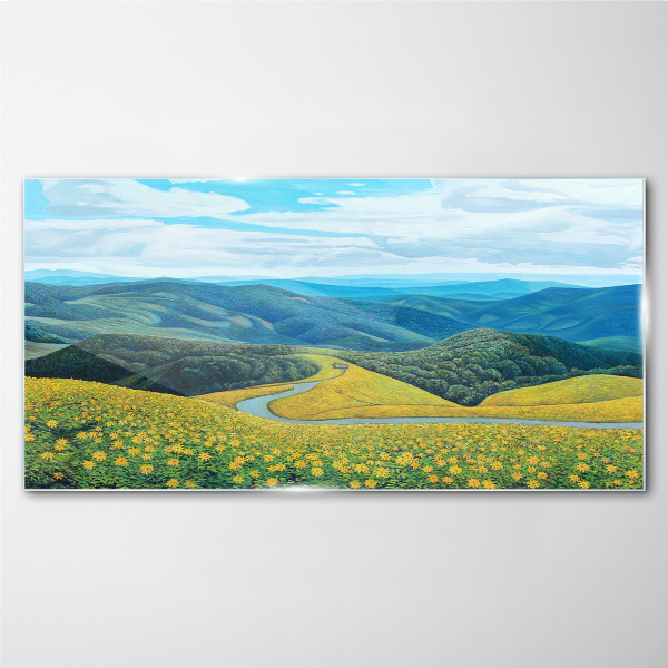 Tableau sur verre Paysage en fleurs jaunes