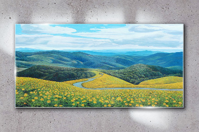 Tableau sur verre Paysage en fleurs jaunes