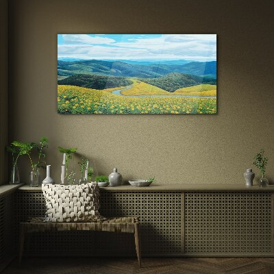 Tableau sur verre Paysage en fleurs jaunes