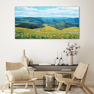 Tableau sur verre Paysage en fleurs jaunes