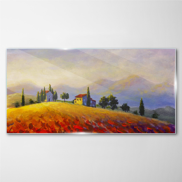 Tableau imprimé sur verre Paysage ensoleillé avec des maisons sur une colline