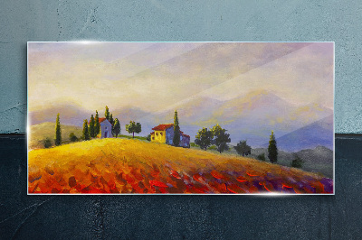 Tableau imprimé sur verre Paysage ensoleillé avec des maisons sur une colline