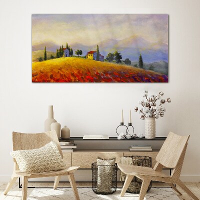 Tableau imprimé sur verre Paysage ensoleillé avec des maisons sur une colline