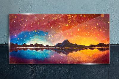 Tableau en verre Coucher de soleil sur un lac de montagne