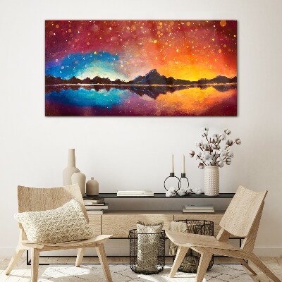 Tableau en verre Coucher de soleil sur un lac de montagne