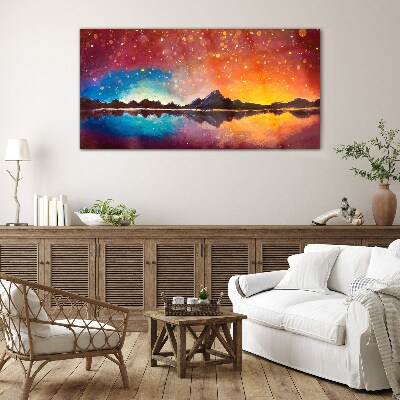 Tableau en verre Coucher de soleil sur un lac de montagne