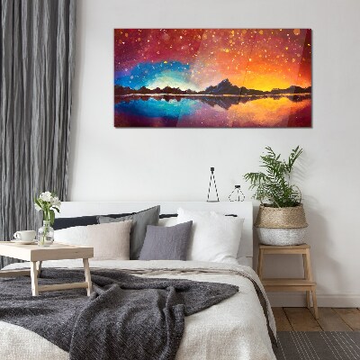 Tableau en verre Coucher de soleil sur un lac de montagne