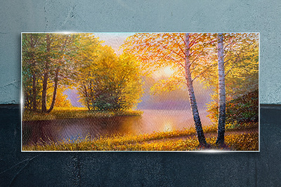 Tableau en verre Matinée dorée au bord du lac