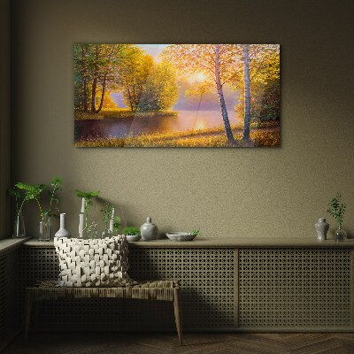 Tableau en verre Matinée dorée au bord du lac