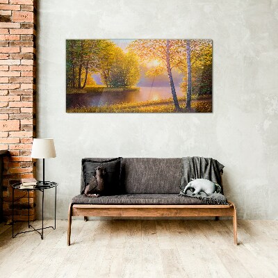 Tableau en verre Matinée dorée au bord du lac