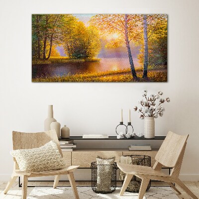 Tableau en verre Matinée dorée au bord du lac