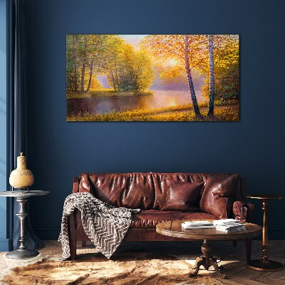 Tableau en verre Matinée dorée au bord du lac