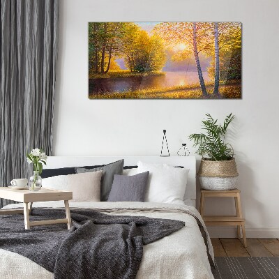 Tableau en verre Matinée dorée au bord du lac