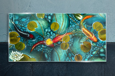 Tableau photo sur verre Reflets de l'eau avec des poissons et des nénuphars