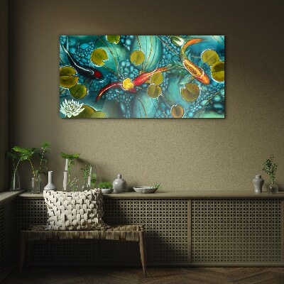 Tableau photo sur verre Reflets de l'eau avec des poissons et des nénuphars