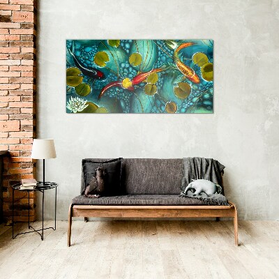 Tableau photo sur verre Reflets de l'eau avec des poissons et des nénuphars