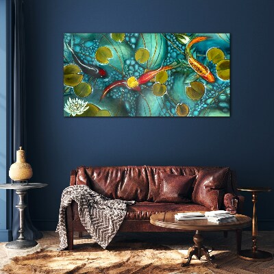 Tableau photo sur verre Reflets de l'eau avec des poissons et des nénuphars