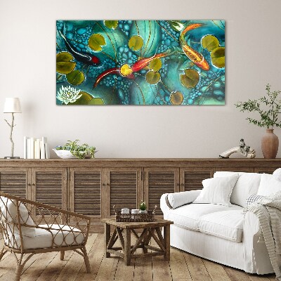 Tableau photo sur verre Reflets de l'eau avec des poissons et des nénuphars