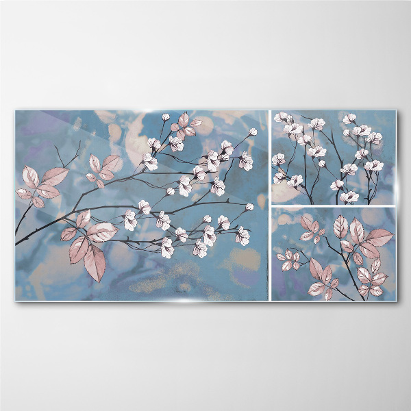 Tableau sur verre Branches florales sur fond bleu