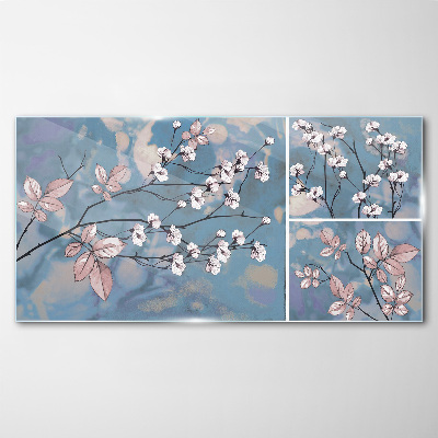 Tableau sur verre Branches florales sur fond bleu