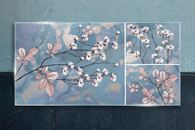 Tableau sur verre Branches florales sur fond bleu