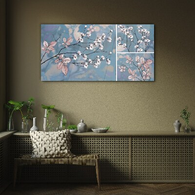 Tableau sur verre Branches florales sur fond bleu